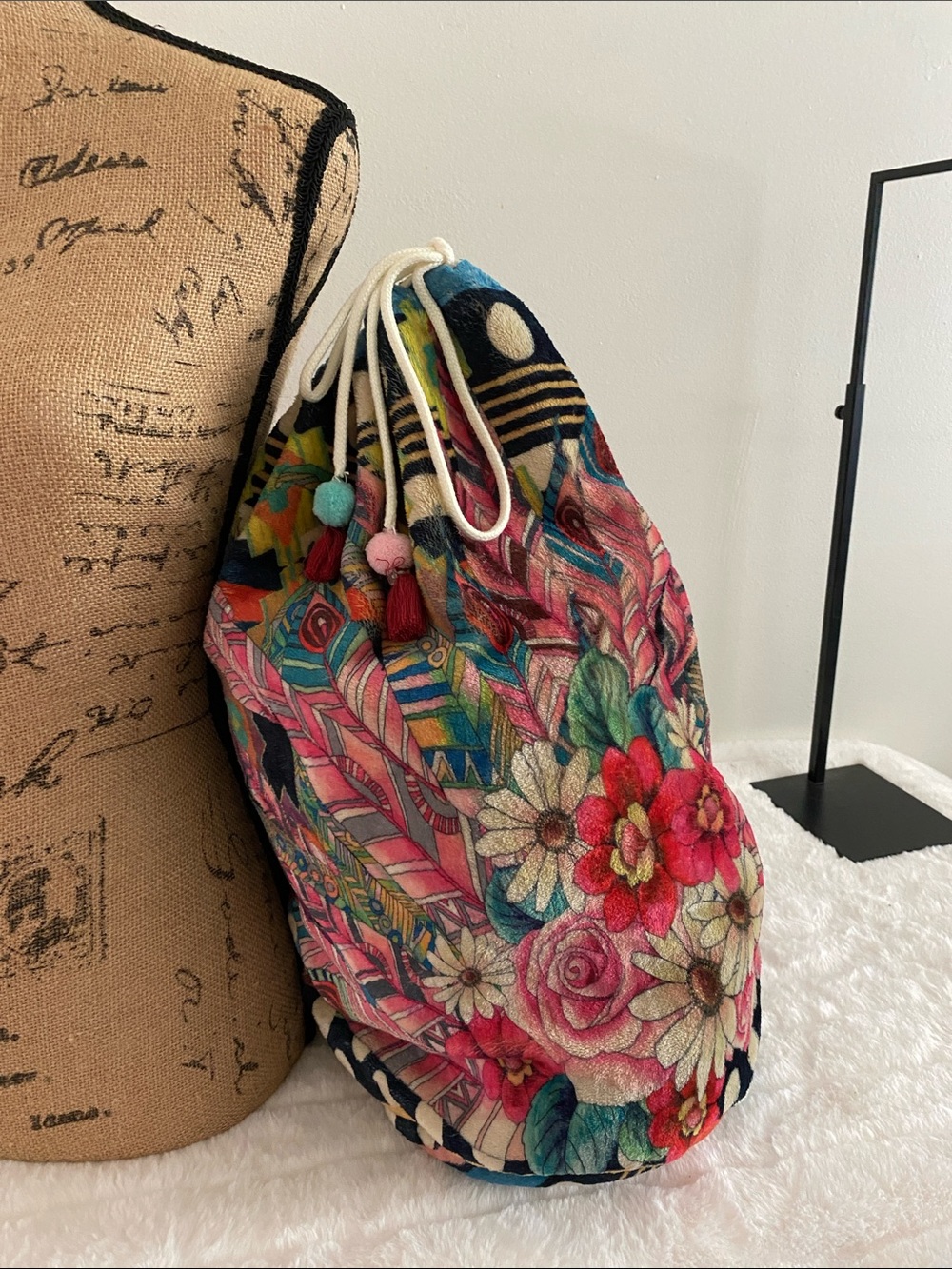 Johnny Was Plush and Cozy Drawstring Storage Bag Travel Tote